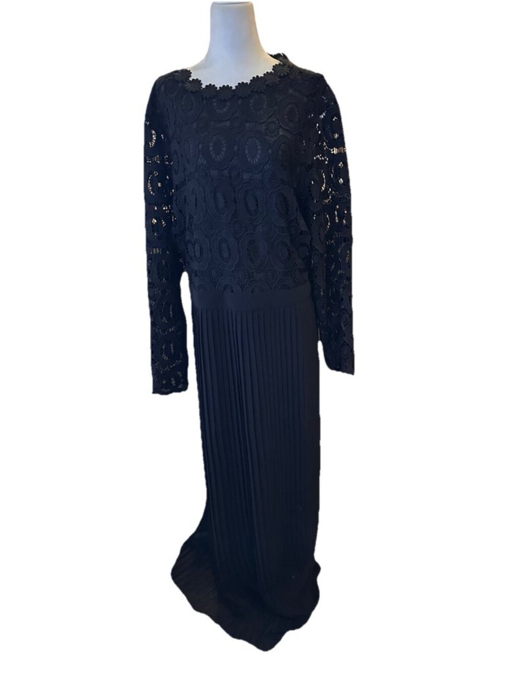 ELOQUII Womens Maxi Dress Plus Size 24 Black Lace Pleated Long Sleeve NWT
